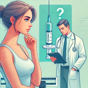 A-concerned-woman-standing-on-a-scale-looking-at-her-weight-with-a-thoughtful-expression.-In-the-background-a-doctor-in-a-white-coat-is-holding-a-pr.webp-Ozempic