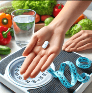 A close-up of a hand holding a white Metformin pill, with a measuring tape wrapped around the fingers. In the background, a scale, fresh vegetables, and a glass of water symbolize weight loss and a healthy lifestyle. The image conveys the connection between Metformin, diabetes, and weight management.
